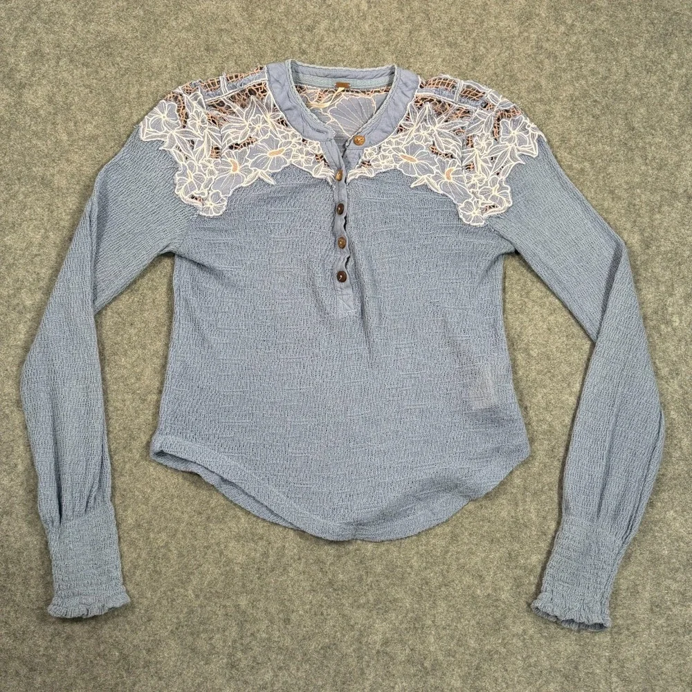 Free People Just Dusk Blue Easy Breezy Henley Lace Blouse Women's Size XS